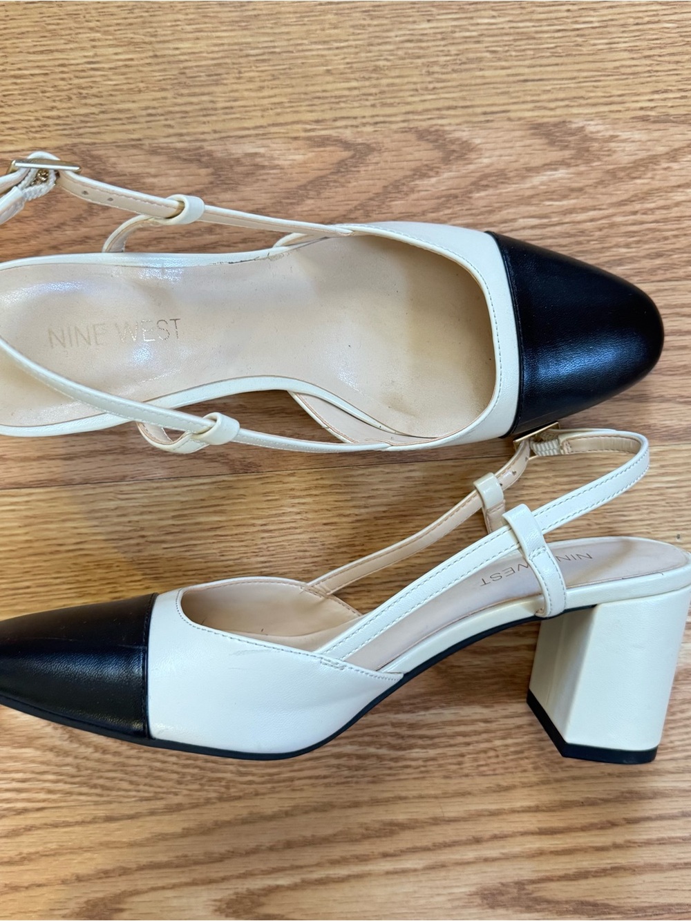 Nine West Black and Cream Block Heel Slingback Pumps